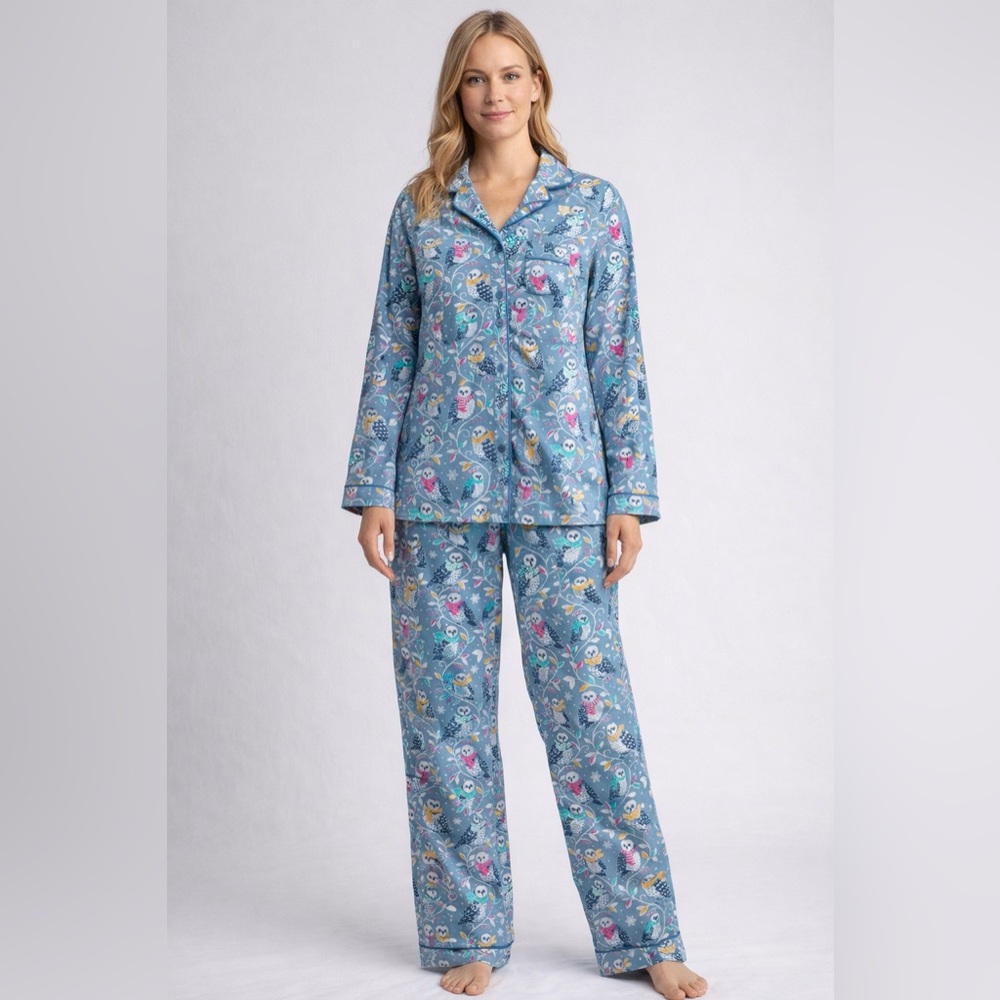 Nick and Nora Pajama Set Women’s‎ S Blue Snow Owls Cotton Flannel Drawstring